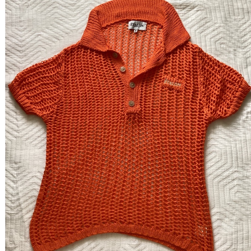 Étalon Steve‎ Canar Knit Crochet Polo Shirt, Short Sleeve, Orange, Bohemian